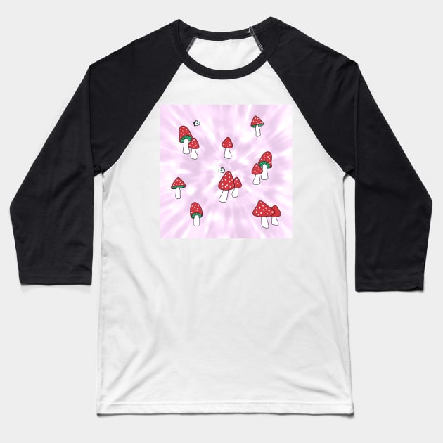 Aesthetic Red Hatted Mushrooms and Butterflies on a Mauve Pastel Tie Dye Background Baseball T-Shirt by YourGoods